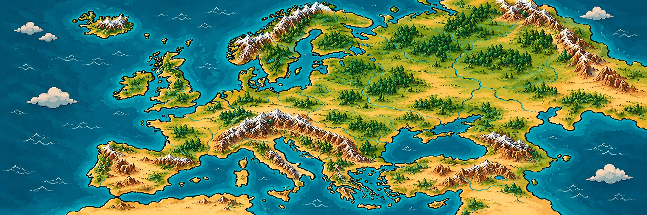 Hand-painted map of Europe with airport pins