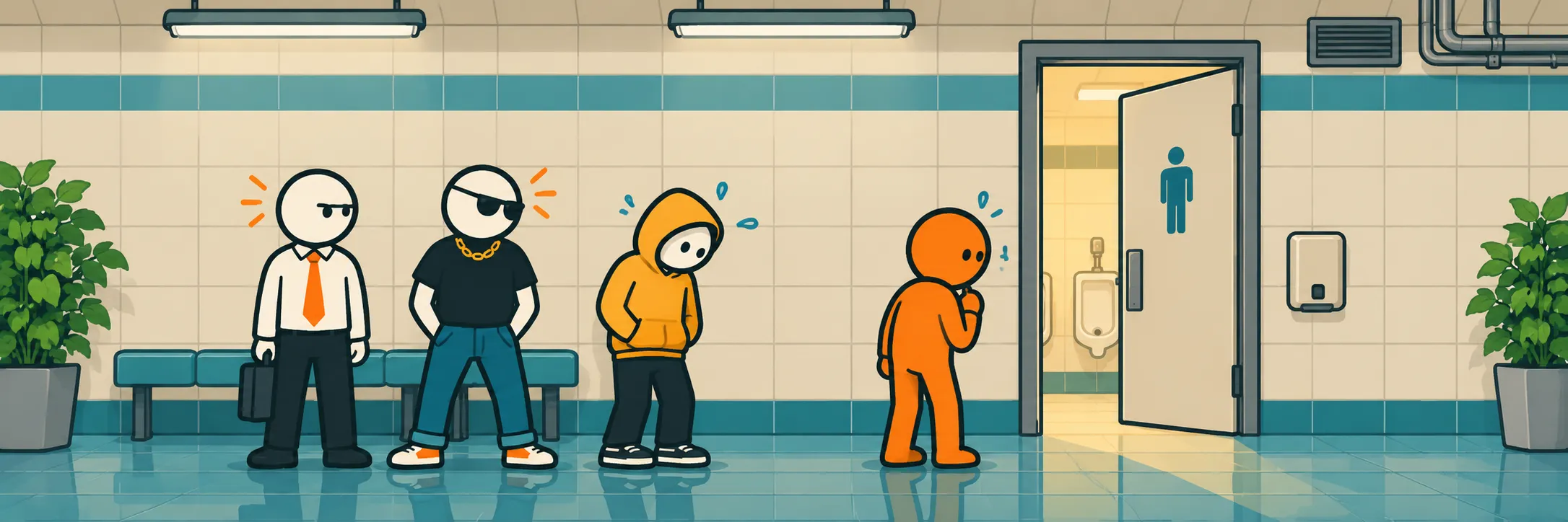 Four men queueing outside a men’s room