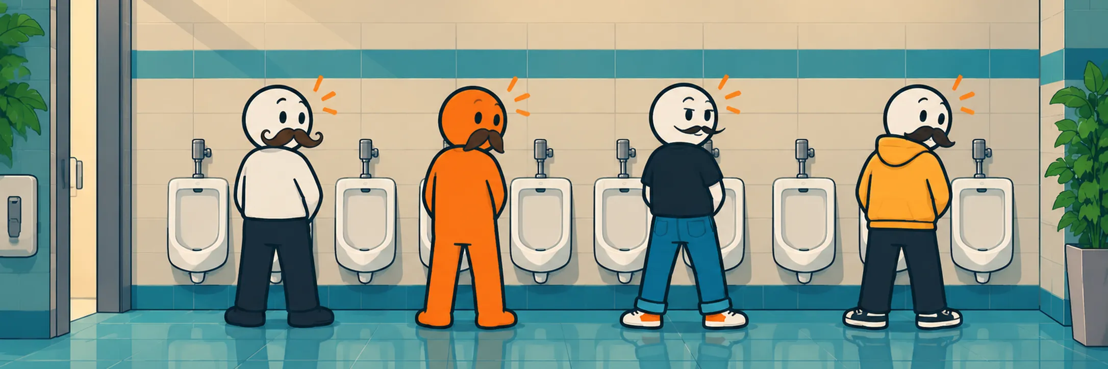Four cartoon men at urinals, every one of them wearing a moustache