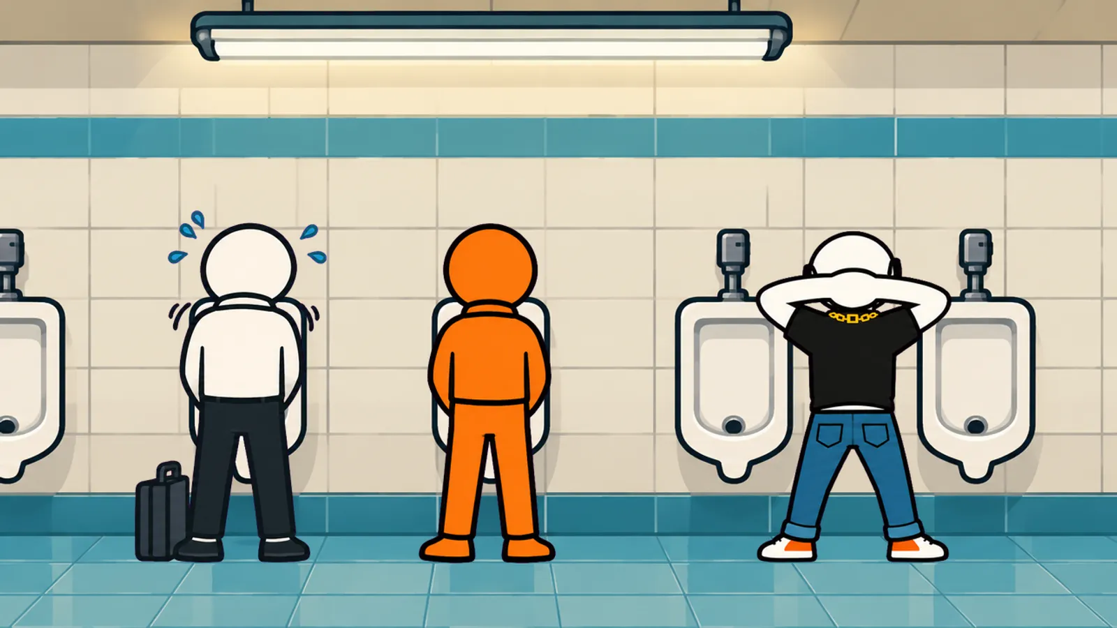 Three cartoon men standing at urinals in a tiled restroom