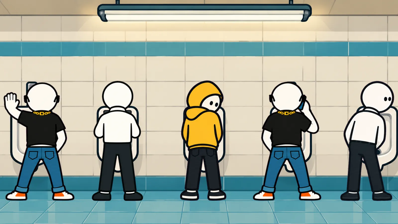 Five men at a row of urinals