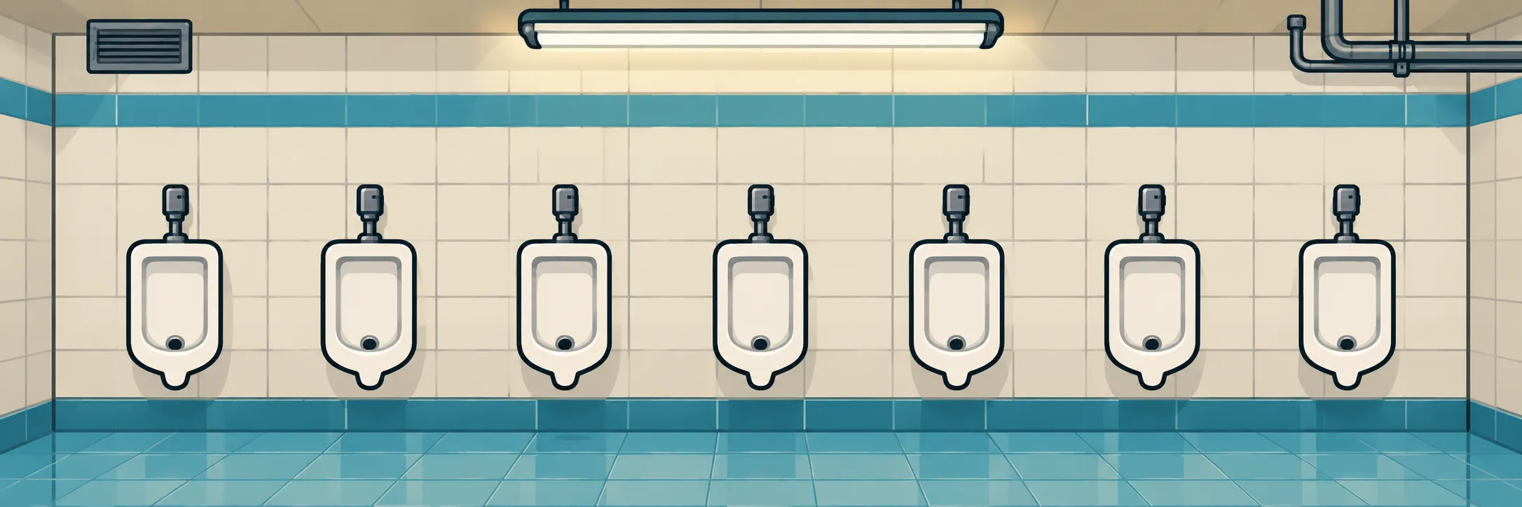 A row of seven empty urinals on a cream tiled wall with a teal stripe
