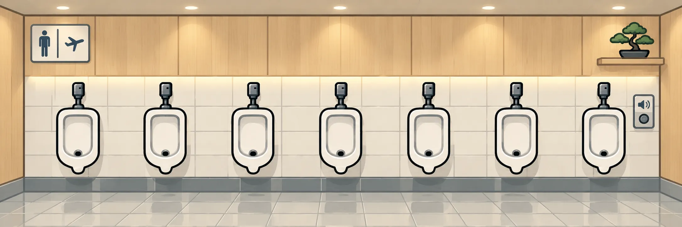 A spotless Tokyo Haneda restroom with wood panelling above a row of urinals
