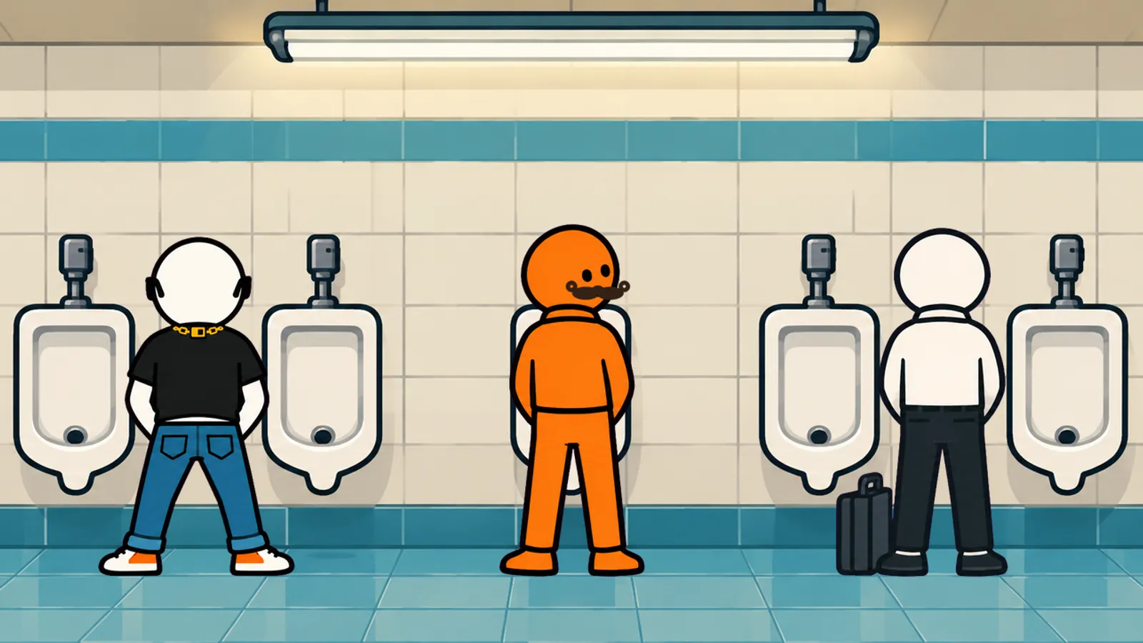 Three cartoon men at urinals, one of them with a moustache