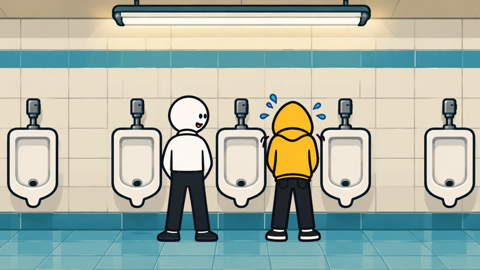 A nervous man in a yellow hoodie at a urinal next to a man trying to make conversation