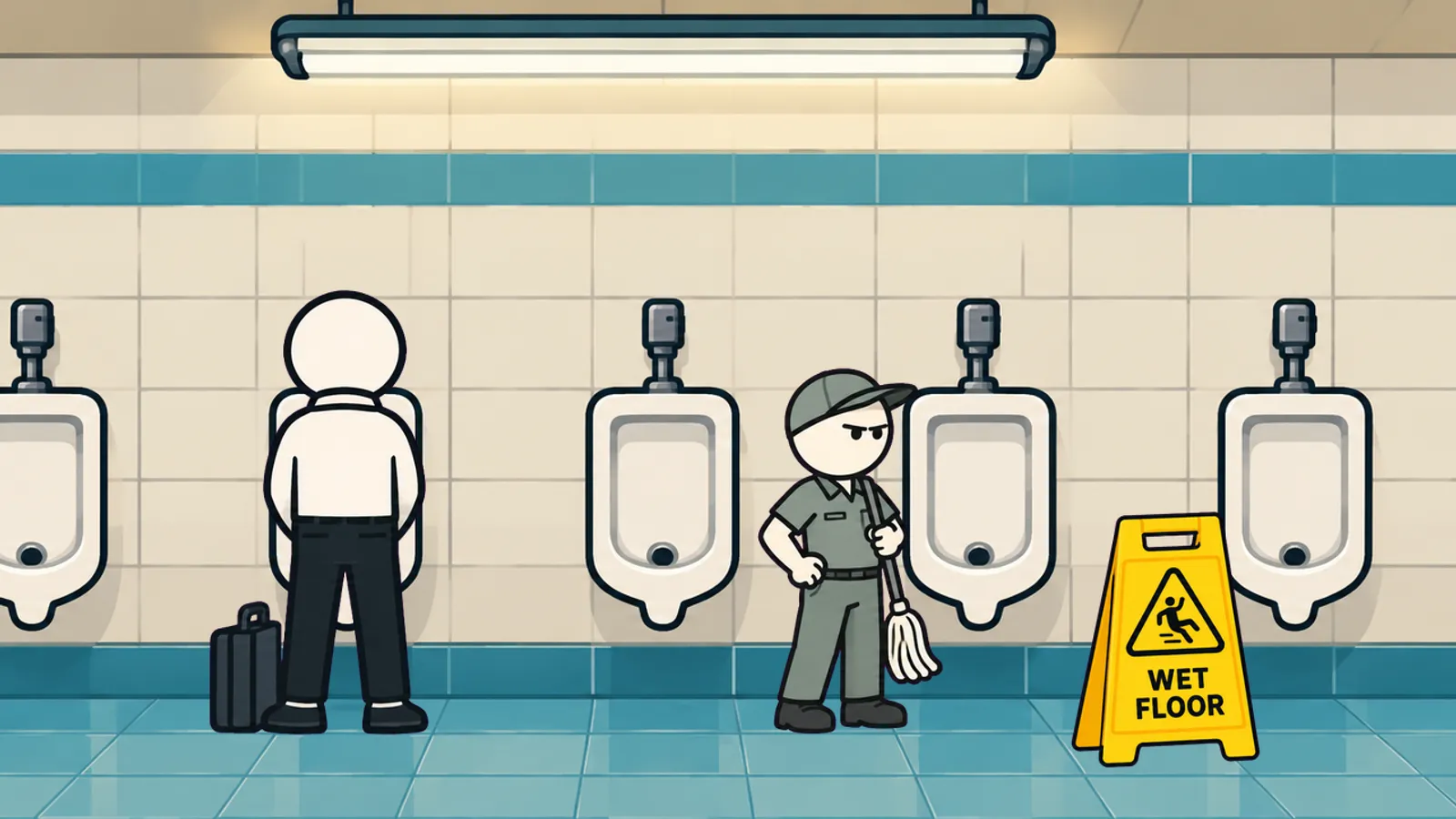 A man at a urinal while an annoyed cleaner stands next to a wet floor sign