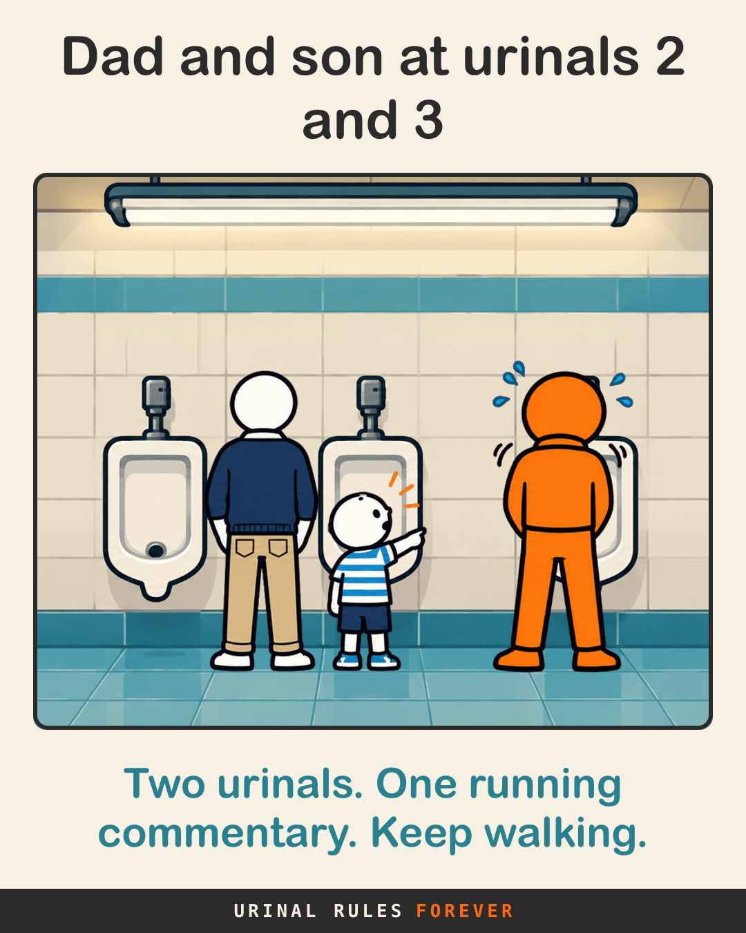 Dad and son at urinals 2 and 3: Two urinals. One running commentary. Keep walking.